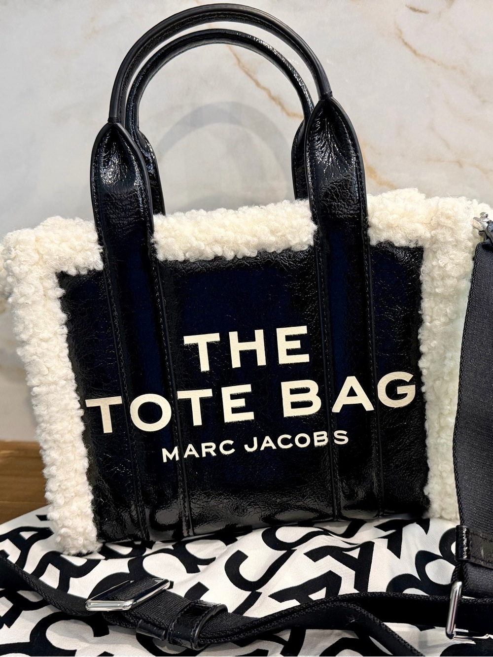 Marc Jacobs Womens “The Teddy” Black Small Tote Bag with Cream Sherpa Trim